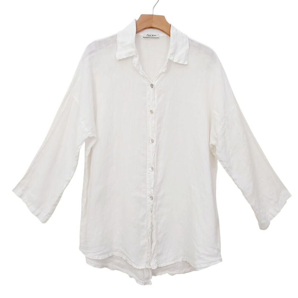 Meo Meli Womens One Size White Tunic Shirt Linen Boxy Lagenlook Made In Italy